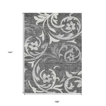 9' X 12' Charcoal Silver And Gray Floral Washable Indoor Outdoor Area Rug