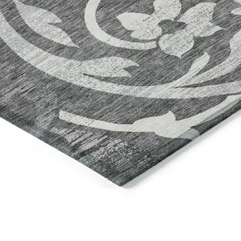 9' X 12' Charcoal Silver And Gray Floral Washable Indoor Outdoor Area Rug