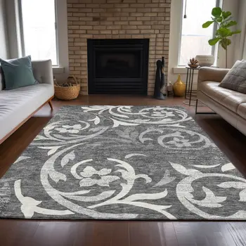 9' X 12' Charcoal Silver And Gray Floral Washable Indoor Outdoor Area Rug
