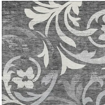 10' X 14' Charcoal Silver And Gray Floral Washable Indoor Outdoor Area Rug