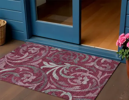 3' X 5' Red Gray And Silver Floral Washable Indoor Outdoor Area Rug