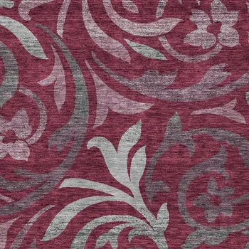 3' X 5' Red Gray And Silver Floral Washable Indoor Outdoor Area Rug