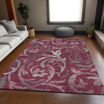 3' X 5' Red Gray And Silver Floral Washable Indoor Outdoor Area Rug