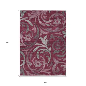 5' X 8' Red Gray And Silver Floral Washable Indoor Outdoor Area Rug