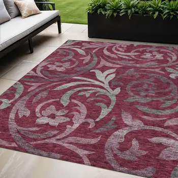 5' X 8' Red Gray And Silver Floral Washable Indoor Outdoor Area Rug