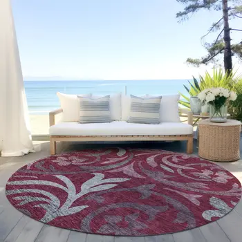 8' Red Gray And Silver Round Floral Washable Indoor Outdoor Area Rug