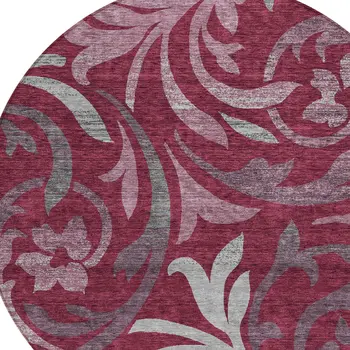 8' Red Gray And Silver Round Floral Washable Indoor Outdoor Area Rug