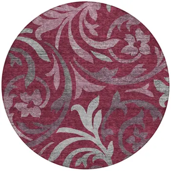 8' Red Gray And Silver Round Floral Washable Indoor Outdoor Area Rug