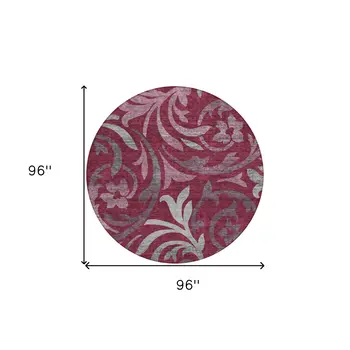 8' Red Gray And Silver Round Floral Washable Indoor Outdoor Area Rug