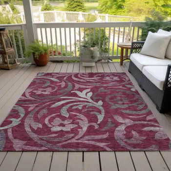 9' X 12' Red Gray And Silver Floral Washable Indoor Outdoor Area Rug