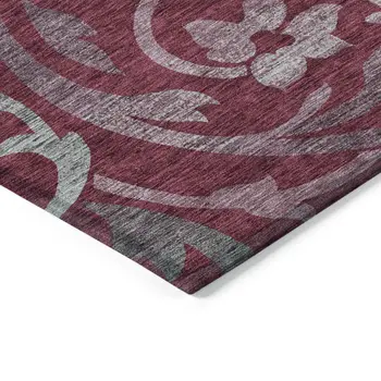 9' X 12' Red Gray And Silver Floral Washable Indoor Outdoor Area Rug