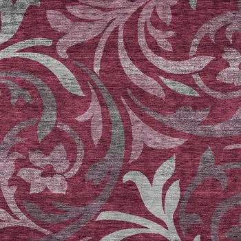 9' X 12' Red Gray And Silver Floral Washable Indoor Outdoor Area Rug