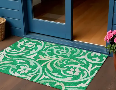 3' X 5' Mint Green And Ivory Floral Washable Indoor Outdoor Area Rug
