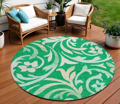 8' Mint Green And Ivory Round Floral Washable Indoor Outdoor Area Rug