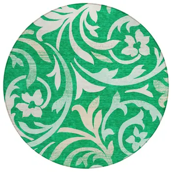 8' Mint Green And Ivory Round Floral Washable Indoor Outdoor Area Rug