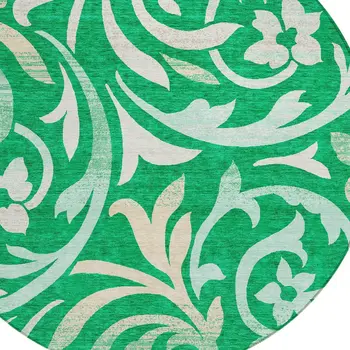 8' Mint Green And Ivory Round Floral Washable Indoor Outdoor Area Rug