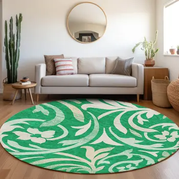 8' Mint Green And Ivory Round Floral Washable Indoor Outdoor Area Rug
