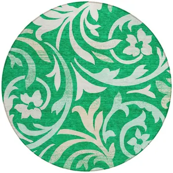 8' Mint Green And Ivory Round Floral Washable Indoor Outdoor Area Rug