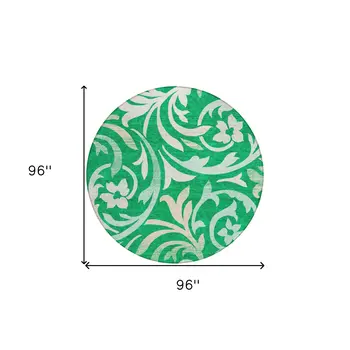 8' Mint Green And Ivory Round Floral Washable Indoor Outdoor Area Rug