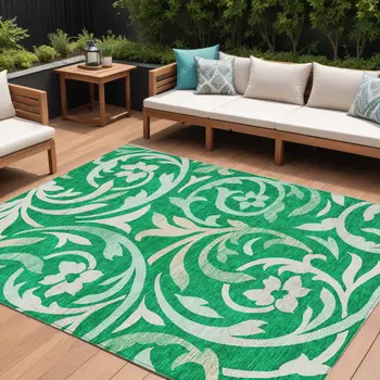 8' X 10' Mint Green And Ivory Floral Washable Indoor Outdoor Area Rug