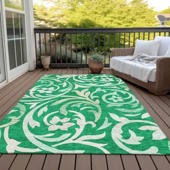 8' X 10' Mint Green And Ivory Floral Washable Indoor Outdoor Area Rug
