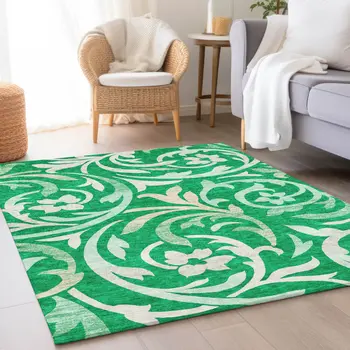 8' X 10' Mint Green And Ivory Floral Washable Indoor Outdoor Area Rug