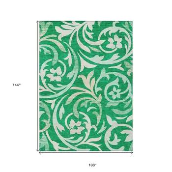 9' X 12' Mint Green And Ivory Floral Washable Indoor Outdoor Area Rug