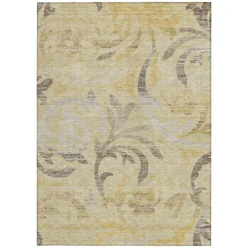 3' X 5' Gold Beige And Taupe Floral Washable Indoor Outdoor Area Rug