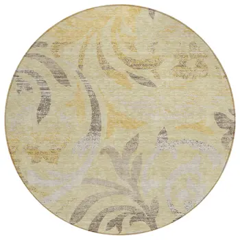 8' Gold Beige And Taupe Round Floral Washable Indoor Outdoor Area Rug