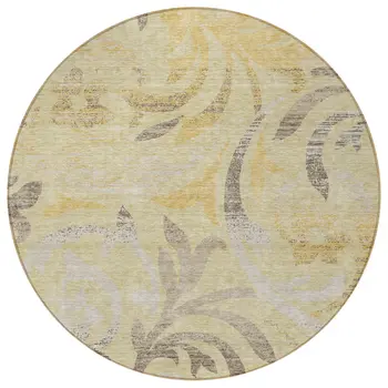 8' Gold Beige And Taupe Round Floral Washable Indoor Outdoor Area Rug