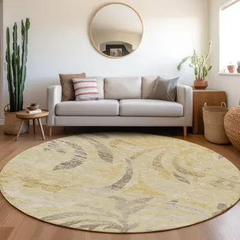 8' Gold Beige And Taupe Round Floral Washable Indoor Outdoor Area Rug