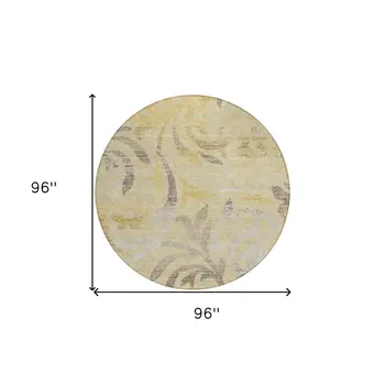 8' Gold Beige And Taupe Round Floral Washable Indoor Outdoor Area Rug
