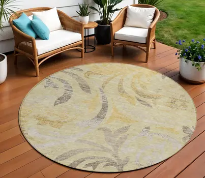 8' Gold Beige And Taupe Round Floral Washable Indoor Outdoor Area Rug