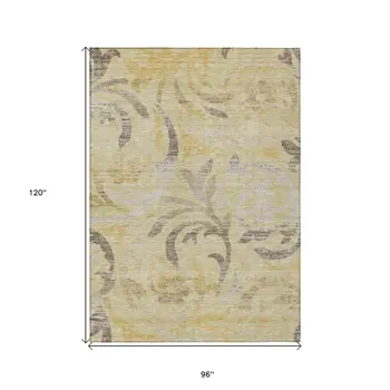 8' X 10' Gold Beige And Taupe Floral Washable Indoor Outdoor Area Rug