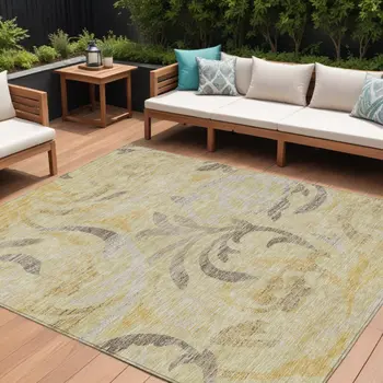 8' X 10' Gold Beige And Taupe Floral Washable Indoor Outdoor Area Rug