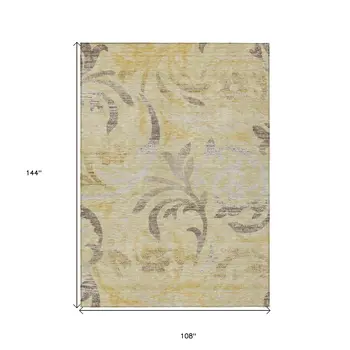 9' X 12' Gold Beige And Taupe Floral Washable Indoor Outdoor Area Rug
