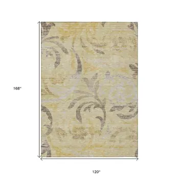 10' X 14' Gold Beige And Taupe Floral Washable Indoor Outdoor Area Rug