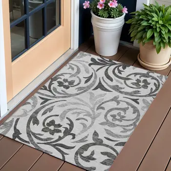 3' X 5' Gray Charcoal And Silver Floral Washable Indoor Outdoor Area Rug