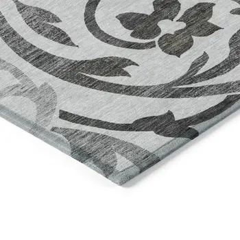 3' X 5' Gray Charcoal And Silver Floral Washable Indoor Outdoor Area Rug