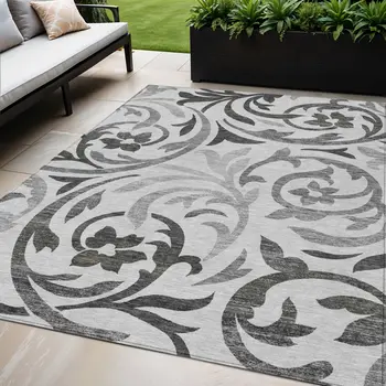 5' X 8' Gray Charcoal And Silver Floral Washable Indoor Outdoor Area Rug