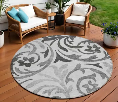 8' Gray Charcoal And Silver Round Floral Washable Indoor Outdoor Area Rug