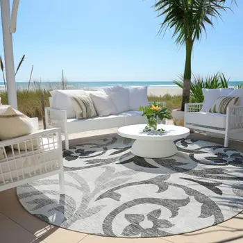8' Gray Charcoal And Silver Round Floral Washable Indoor Outdoor Area Rug