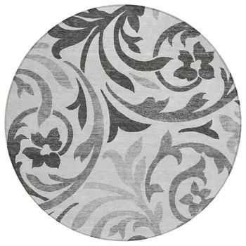 8' Gray Charcoal And Silver Round Floral Washable Indoor Outdoor Area Rug