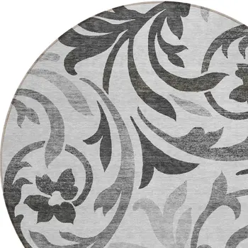 8' Gray Charcoal And Silver Round Floral Washable Indoor Outdoor Area Rug
