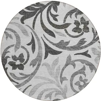 8' Gray Charcoal And Silver Round Floral Washable Indoor Outdoor Area Rug