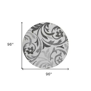 8' Gray Charcoal And Silver Round Floral Washable Indoor Outdoor Area Rug
