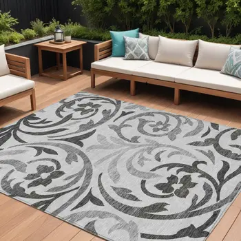 9' X 12' Gray Charcoal And Silver Floral Washable Indoor Outdoor Area Rug