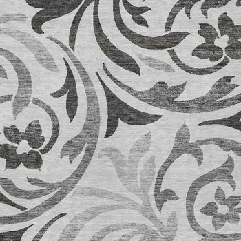 9' X 12' Gray Charcoal And Silver Floral Washable Indoor Outdoor Area Rug