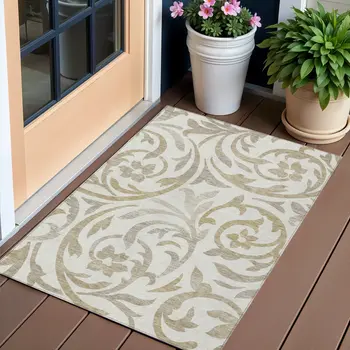 3' X 5' Ivory Beige And Taupe Floral Washable Indoor Outdoor Area Rug