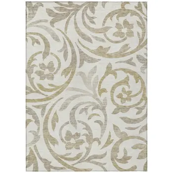 3' X 5' Ivory Beige And Taupe Floral Washable Indoor Outdoor Area Rug